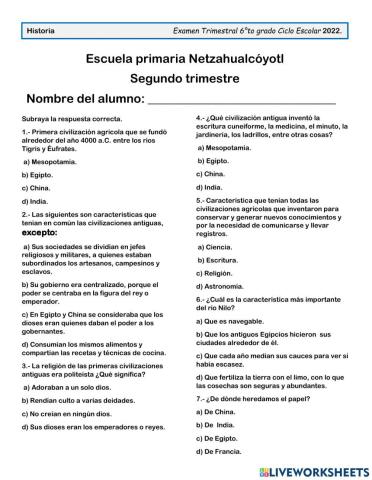 Examen trimestral de historia