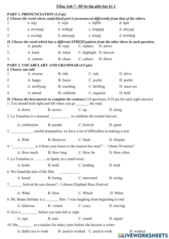 Tieng Anh 7 - De on tap giua hoc ky II