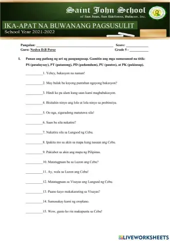 Ika-Apat na Buwanang Pagsusulit sa Filipino 5