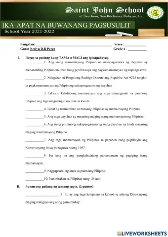 Ika-Apat na Buwanang Pagsusulit sa AP 4