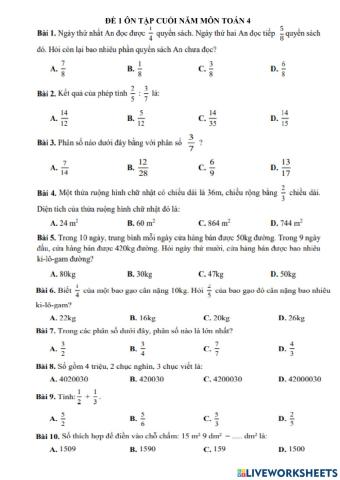 Đề 1 Ôn tập cuối năm môn Toán 4