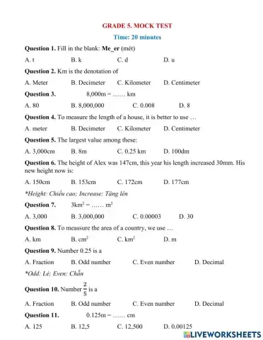 Grade 5. Mid-term exam (2)