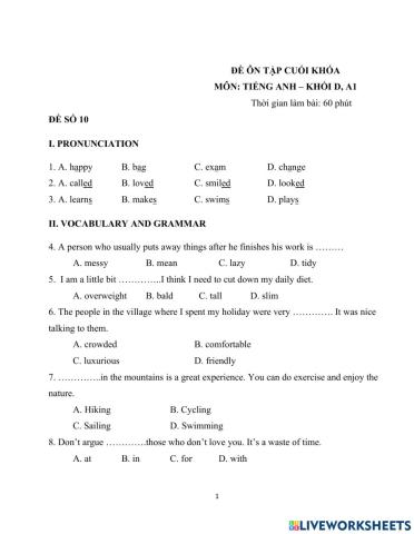 English File Pre inermediate Revision 1 to 5 Test 10