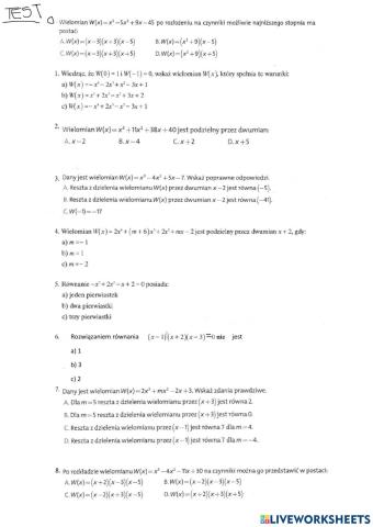 Wielomiany karta pracy