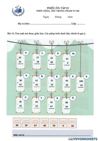 Phép cộng, trừ phạm vi 100