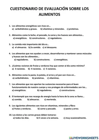 Cuestionario alimentos