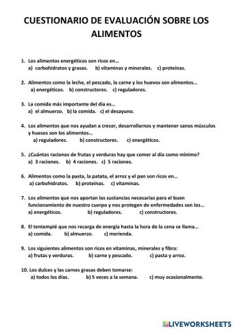 Cuestionario alimentos