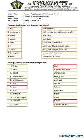 Bacaan Perseptif 5 - Kosa kata baru, Sinonim, Antonim