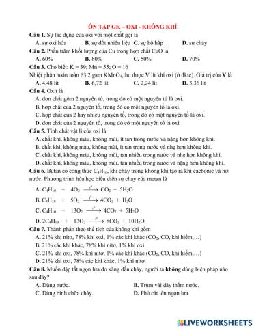 Ôn tập giữa kỳ: oxi - không khí