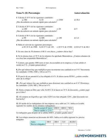 Ficha de porcentajes