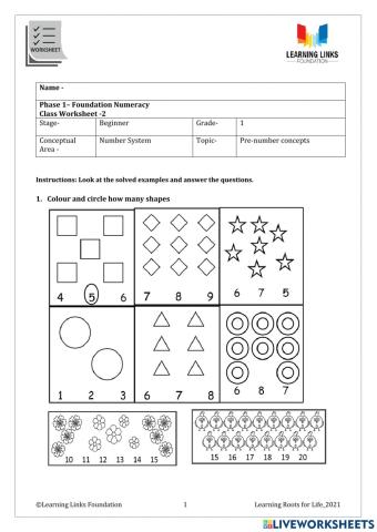 Phase 1– Foundation Numeracy Class Worksheet -2