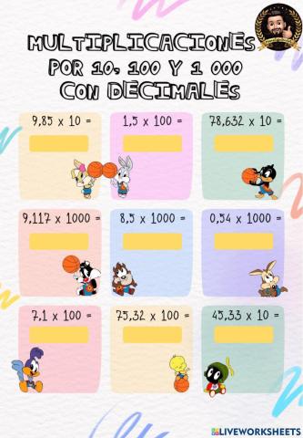 Multiplicaciones de decimales x 10,100 y 1000