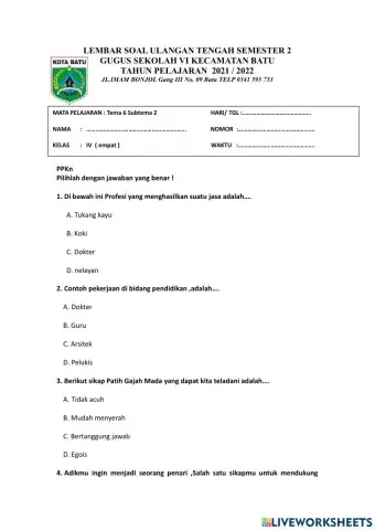 Soal PTS Kelas 4 Tema 6 Subtema 2