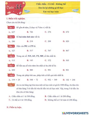 Toán 2 - Tuần 33 ( Bài tập )