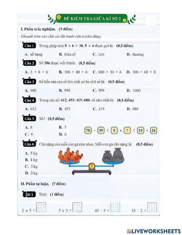 Toán 2 - Kiểm tra HK2 - đề 2