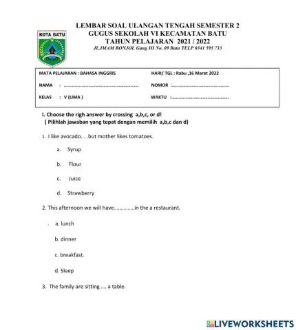 Soal PTS BAHASA INGGRIS KELAS 5 SEMESTER 2