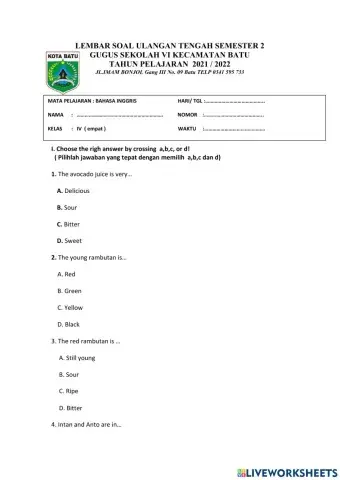 Soal PTS Bahasa Inggris Kelas 4 Semester 2
