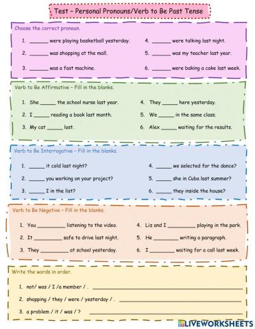 Pronouns and Verb Be Past Tense