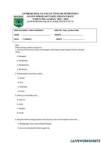 Soal PTS Tema 6 Subtema 3 Kelas 4 Semester 2