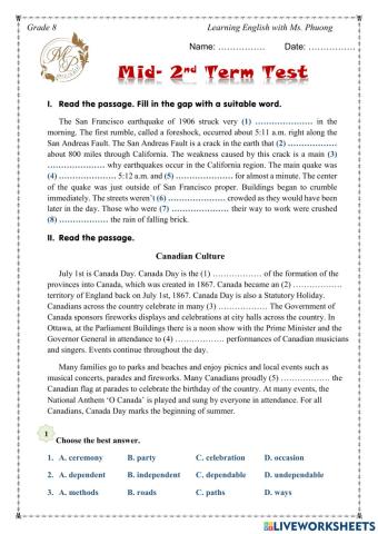 English  8 - Mid-2nd term test - Part 2
