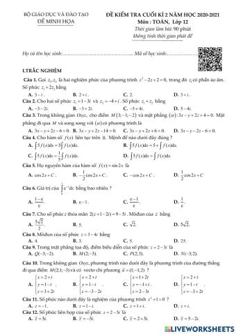 Toán 12 - Kiểm tra CK2 - Đề minh họa 02-BGD