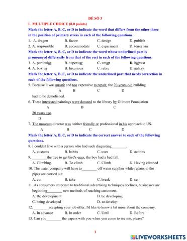 Ôn thi vào 10  đề 3 - ful tn tập 1