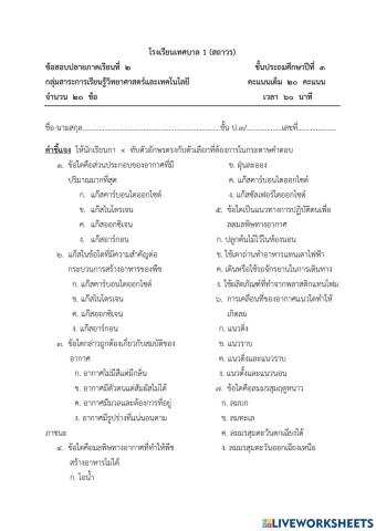 ข้อสอบปลายภาคเรียนที่ 2 วิชาวิทยาศาสตร์ ป.3