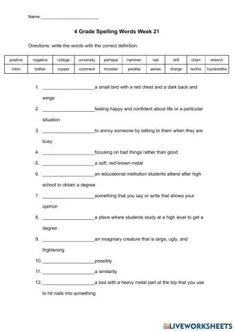 Definition- spelling words