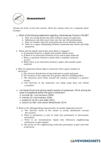 Intermolecular Forces Worksheet