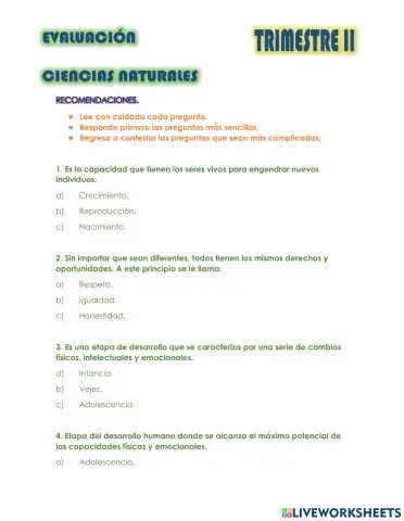 Examen de ciencias naturales