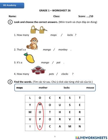 IIG-Grade 1-Worksheet 26