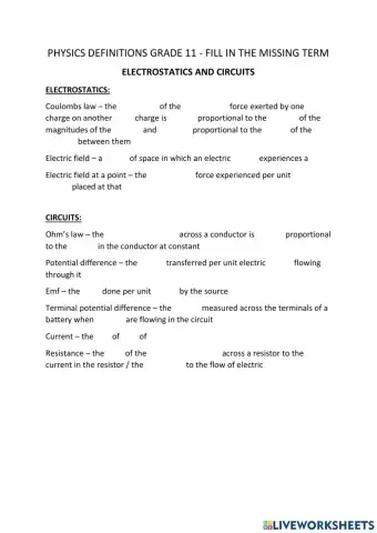 Grade 11 Electrostatics and Circuits Definitions