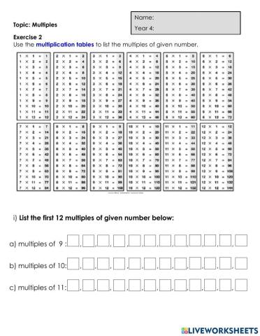 Red order of first 12 multiples of given number