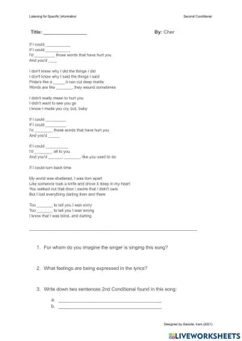 If I could turn back time - Cher - Second Conditional.