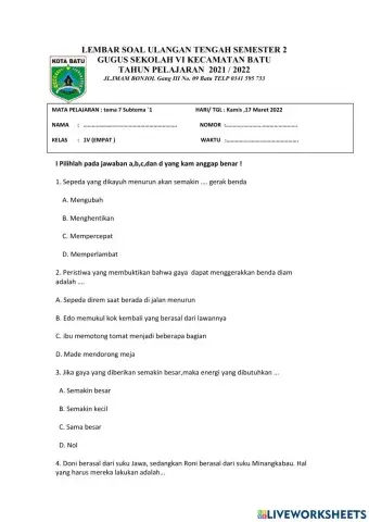 Soal PTS Tema 7 Subtema 1 Kelas 4 Semester 2