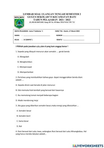 Soal PTS Tema 7 Subtema 1 Kelas 4 Semester 2
