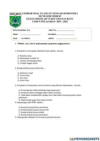 Soal PTS PLH KELAS 4 SEMESTER 2