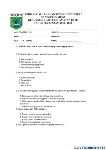 Soal PTS PLH KELAS 4 SEMESTER 2