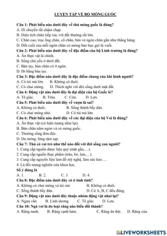 Luyện tập bộ linh trưởng. bộ móng guốc