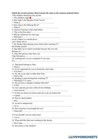 30 câu vết lại câu E6 phần 1