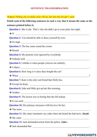 Grade 10 - Sentence transformation