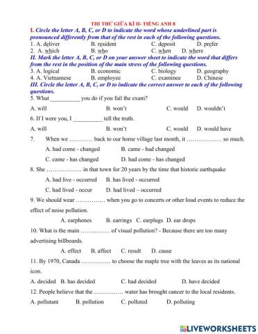 Thi Giữa Kì 2- Tiếng Anh 8