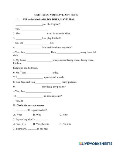 Unit 16: Do you have any pets?