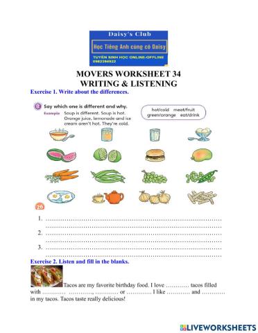 Food listening- writing MOVERS