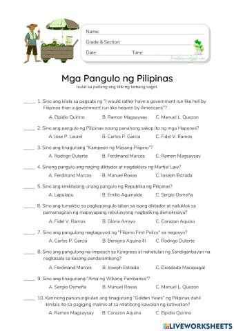 Mga Pangulo ng Pilipinas - HunterWoodsPH.com Worksheet
