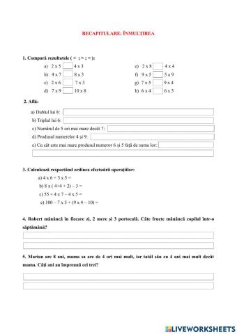 Exerciții și probleme - recapitulare înmulțire (fișă de lucru)