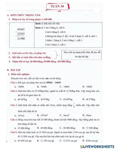 Toán 3 - Tuần 30 Bài tập