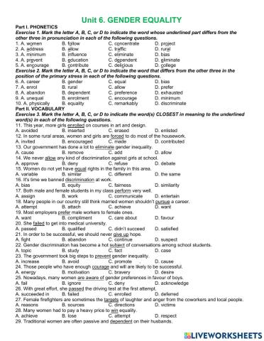 Unit 6. Gender Equality Part 1