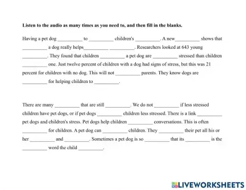 Pets-Animals-Dogs and Kids Stress Dictation Exercise(Ele.)