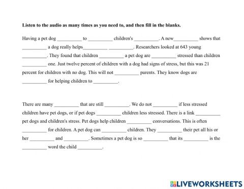 Pets-Animals-Dogs and Kids Stress Dictation Exercise(Ele.)